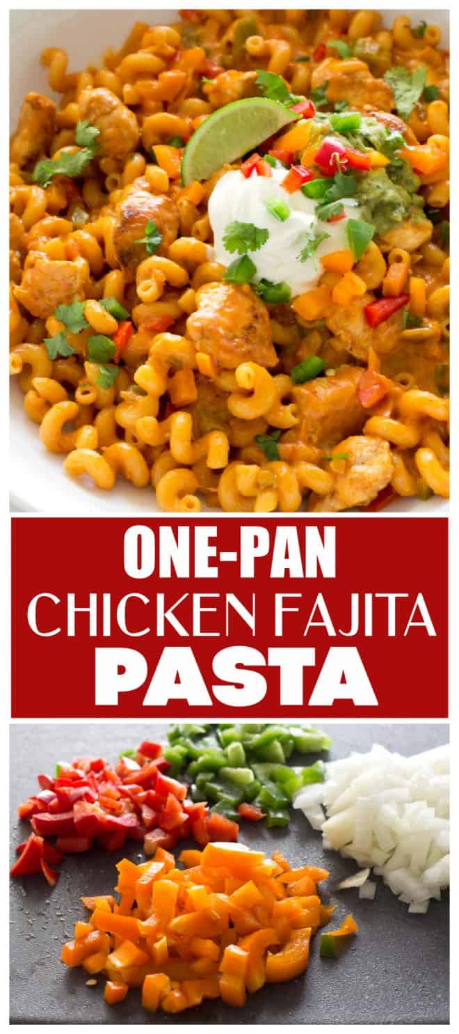 One-Pan Chicken Fajita Pasta is an easy Mexican chicken recipe that you can make on a busy weeknight. Seasoned chicken and fresh bell peppers in a creamy pasta make for a delicious dinner! #chicken #recipe #dinner #Mexican #onepan