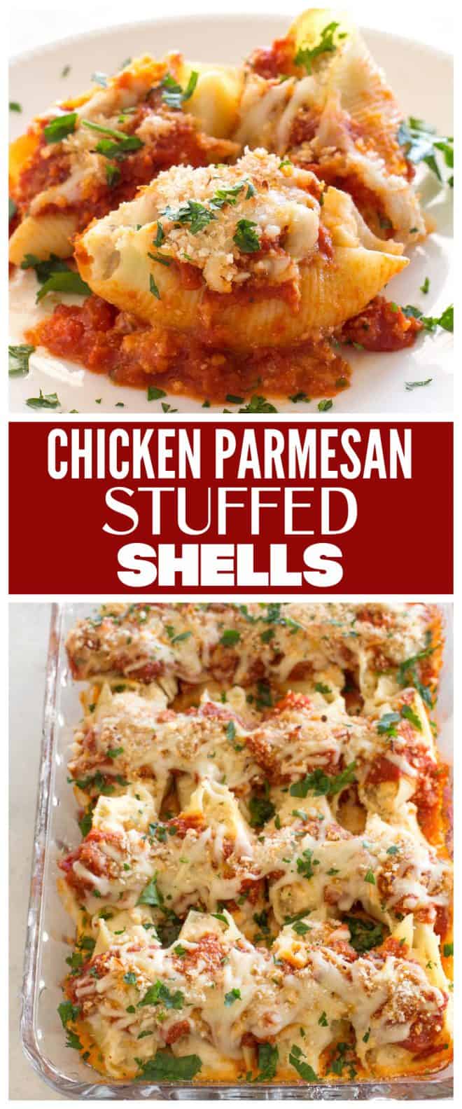 Chicken Parmesan Stuffed Shells - creamy ricotta filling with chicken topped with a crunchy Panko topping. #chicken #parmesan #stuffed #shells #dinner #recipe