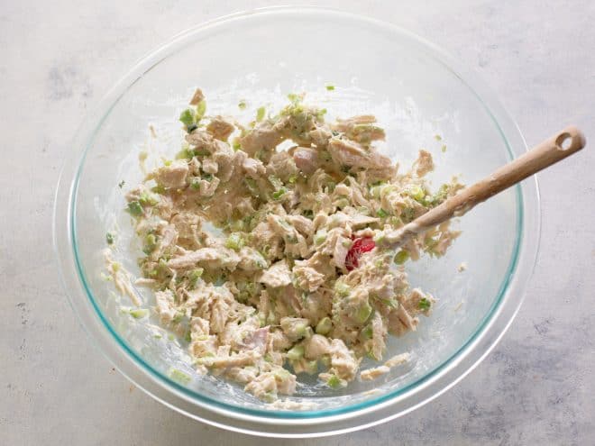 chicken salad in a clear bowl