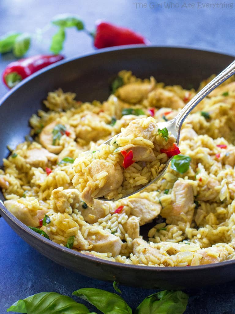 One-Pan Coconut Chicken Curry and Rice on a spoon