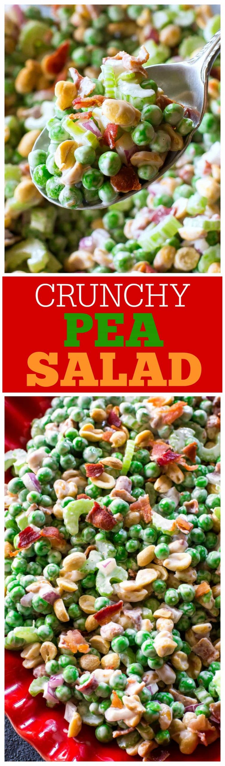 This Crunchy Pea Salad may sound weird but trust me, it's so good! Peas, peanuts, bacon, celery...all for a refreshing salad. This recipe is a potluck favorite! #crunchy #pea #salad #side #easter #potluck #bbq
