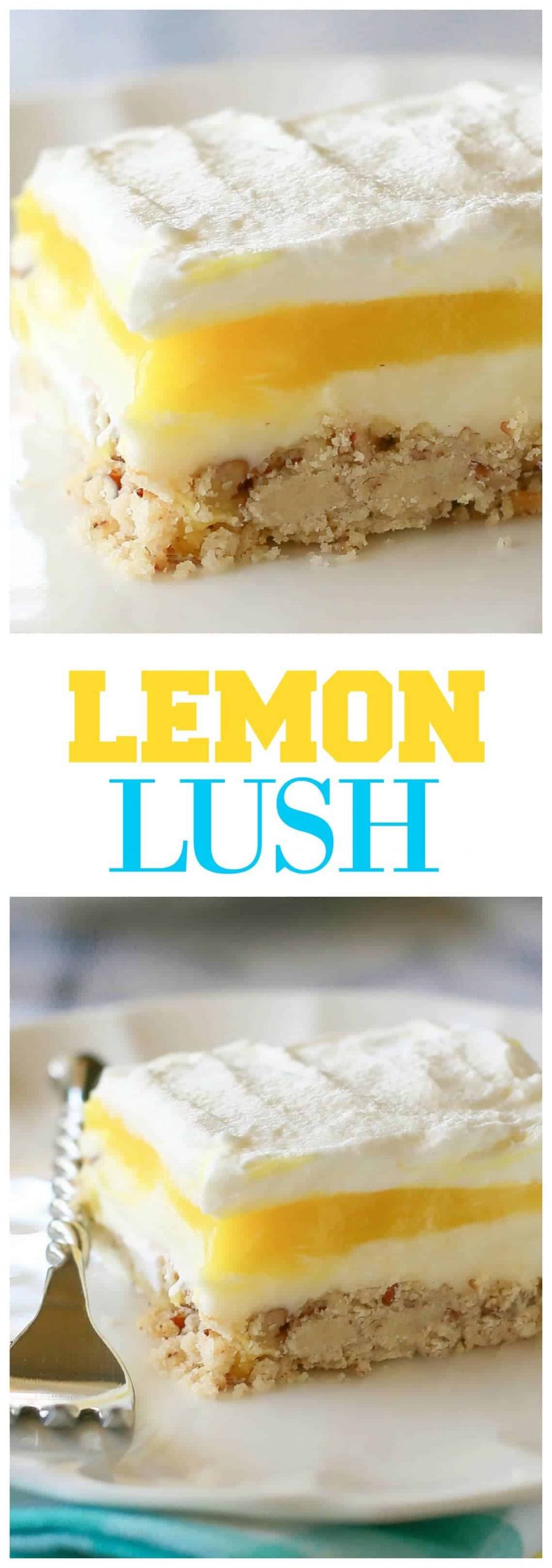 Lemon Lush - a light and refreshing lemon dessert with a shortbread crust. #lemon #bars #dessert #summerdessert