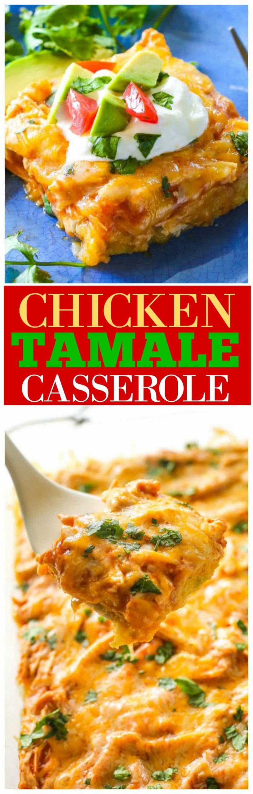 Chicken Tamale Casserole - a sweet cornbread crust topped with enchilada sauce and chicken. This is a crowd pleaser! #chicken #tamale #casserole #recipe #dinner