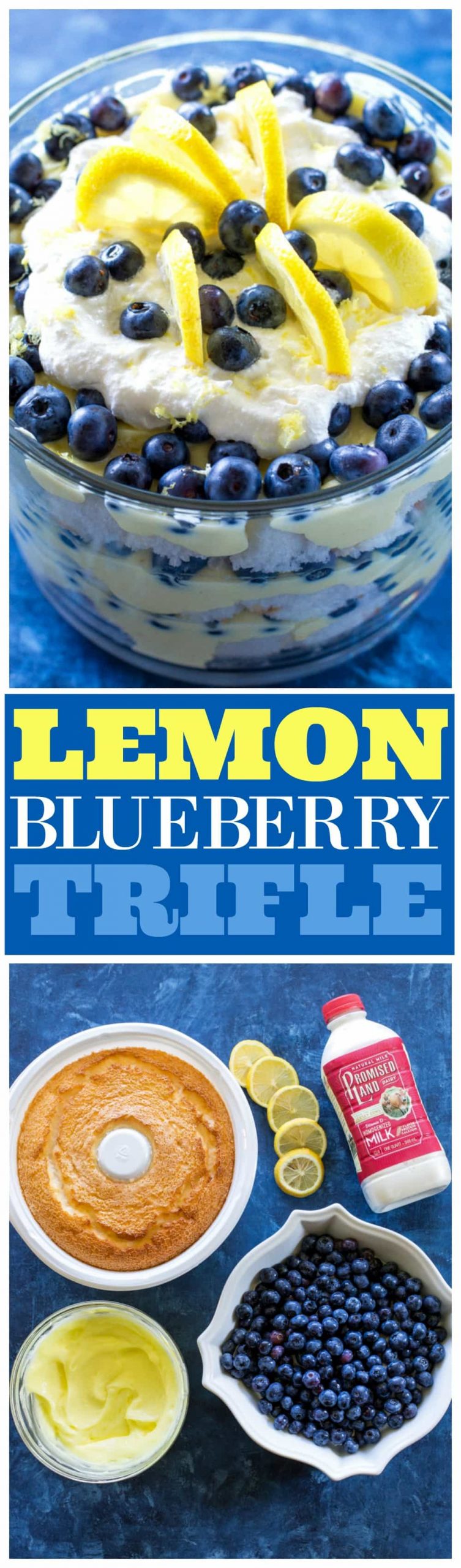 This Lemon Blueberry Trifle is layers of angel food cake, lemon pudding, and blueberries. A crowd pleasing dessert! #blueberry #lemon #trifle #dessert #recipe