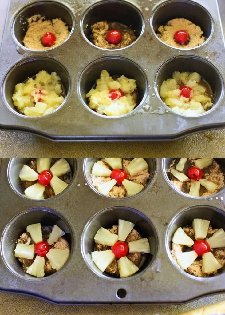 Pineapple Upside Down Cupcakes - a mini version of your favorite cake with butter, brown sugar, pineapple, and a cherry on top! the-girl-who-ate-everything.com