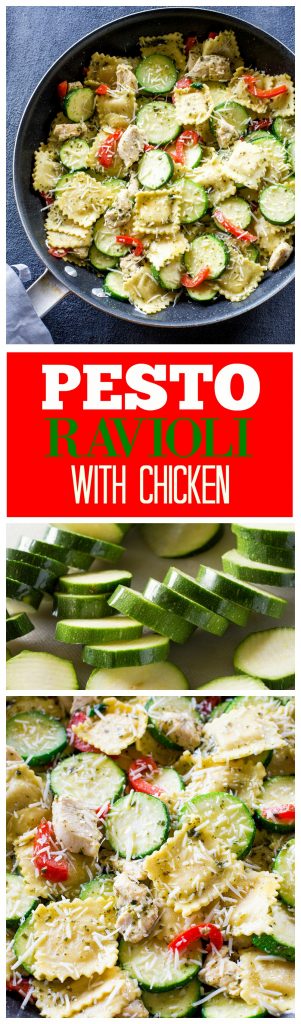 Pesto Ravioli with Chicken - a dinner ready in less than 25 minutes. Packed with flavor! #onepan #zucchini #pesto #summer #skillet #recipe #chicken