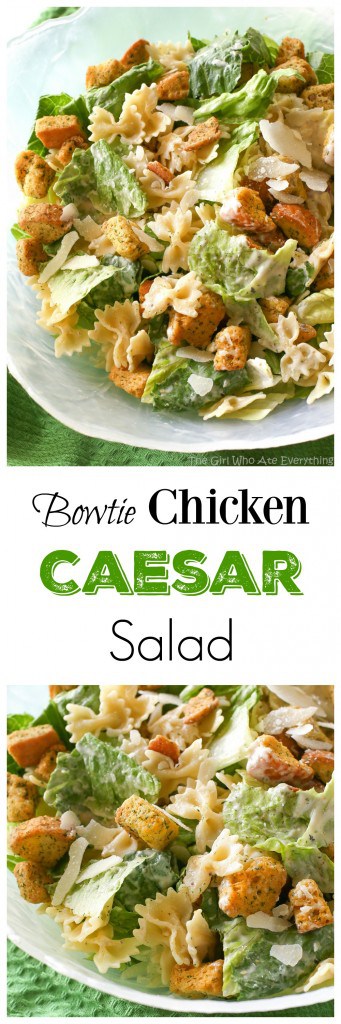 Bowtie Chicken Caesar Salad - a great way to bulk up a salad is to add cooked pasta to it! Try it and you'll never go back. #chicken #caesar #salad #potluck #healthy