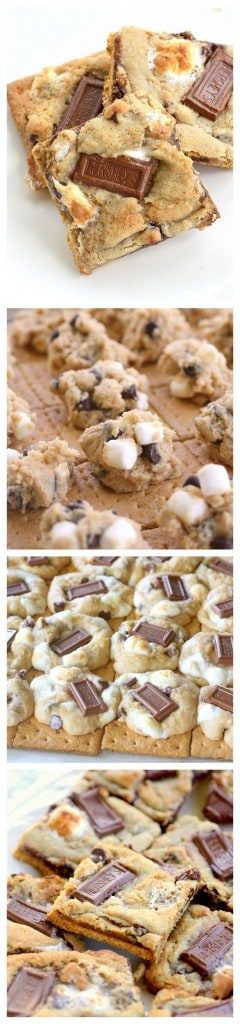 S'mores Cookies - graham crackers topped with chocolate chip marshmallow cookie dough and topped with Hershey squares. #smores #cookies #recipe #dessert