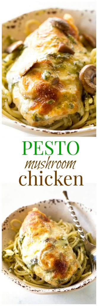 This Pesto Mushroom Chicken is breaded in buttery breadcrumbs and topped with pesto, mushrooms, and provolone cheese. #chicken #dinner #recipe #pesto #italian