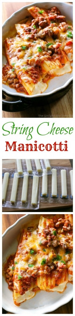 String Cheese Manicotti - Easy to stuff manicotti by using string cheese. Weeknight meals don't get easier than this. #string #cheese #manicotti