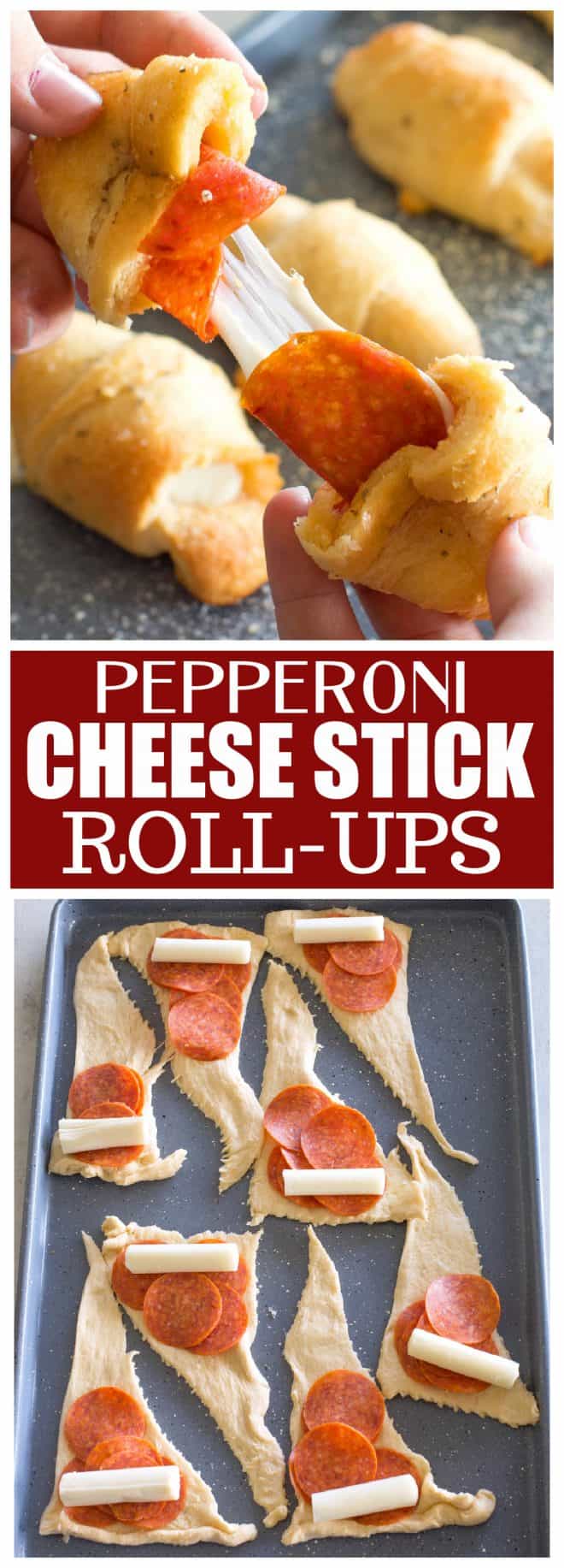 These Pepperoni Cheese Stick Roll Ups are great for kids and crowd pleasers. #pepperoni #cheese #stick #rollups #easy #recipe