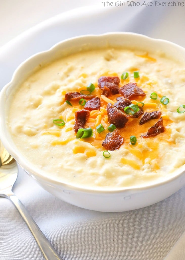 Creamy Potato Soup in a white bowl