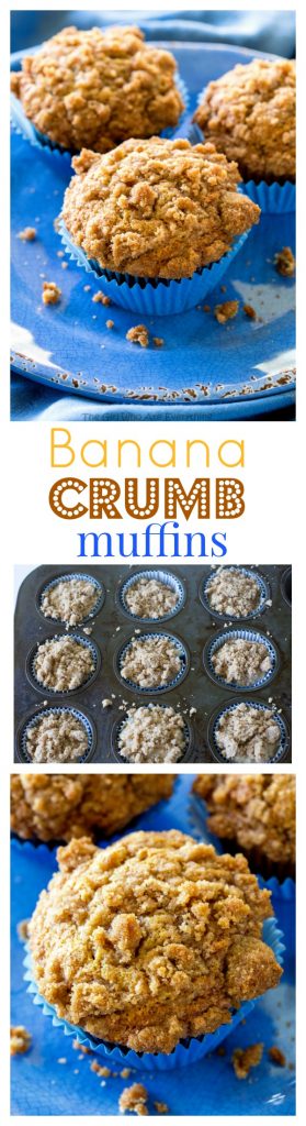 Banana Muffins - Moist banana muffins with a little cinnamon and nutmeg and topped with tons and tons of crumb topping. #breakfast #banana #muffins #brunch #recipe