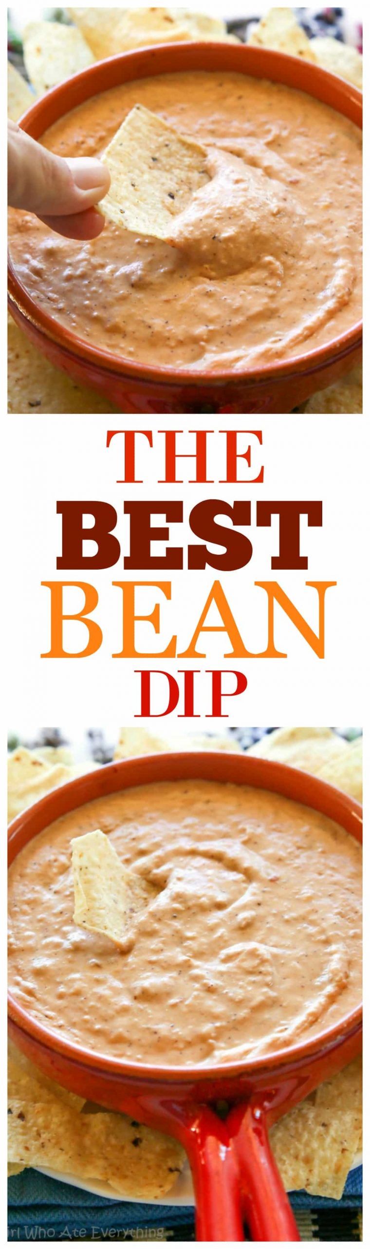 This is the Best Bean Dip Ever - creamy, spicy, and the perfect texture for dipping. Bring it to a friend's house to watch the game and it'll be a hit. #bean #dip #recipe #mexican #appetizer