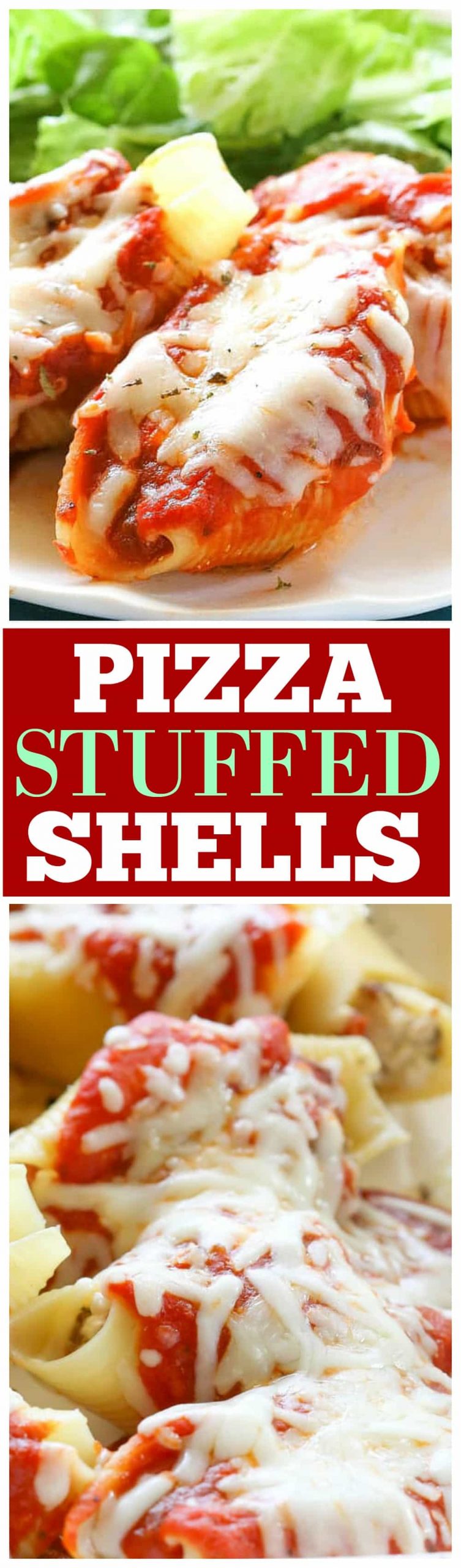 These Pizza Stuffed Shells are jumbo pasta shells stuffed with sausage, pepperoni, and cheese. Put your favorite toppings in! They can be made ahead and frozen for later. These are a total crowd pleaser. #pizza #stuffed #shells #recipe #italian #casseroles