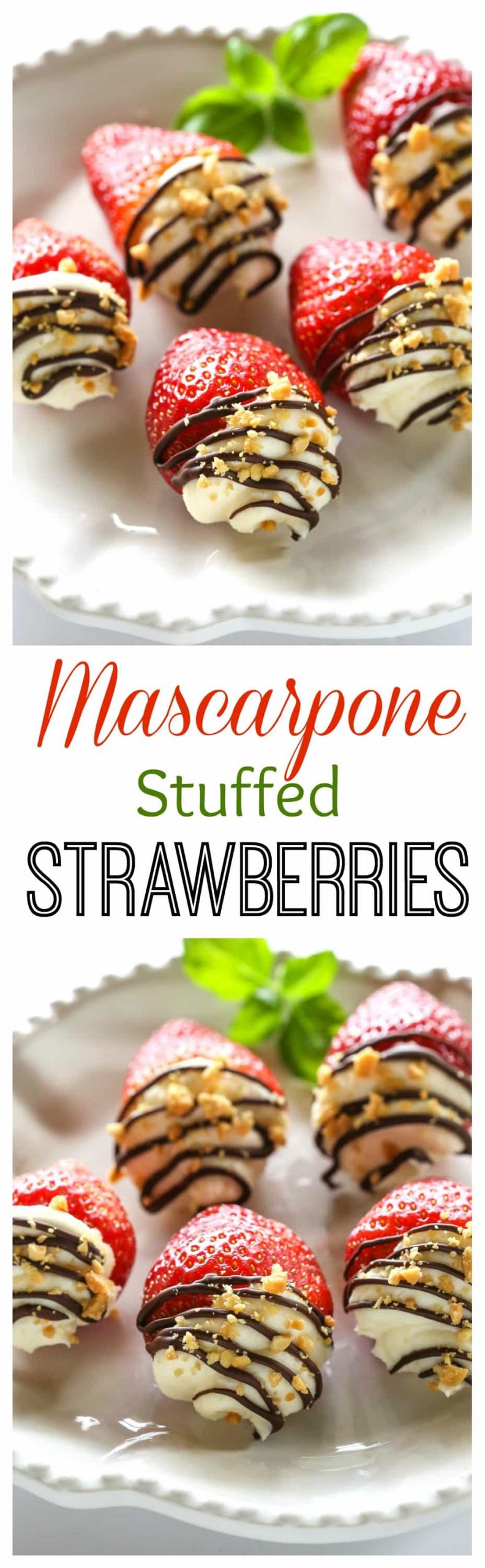 Mascarpone Stuffed Strawberrries. Sweet and silky mascarpone filled strawberries drizzled with chocolate and nuts. #healthy #dessert #strawberry #mascarpone