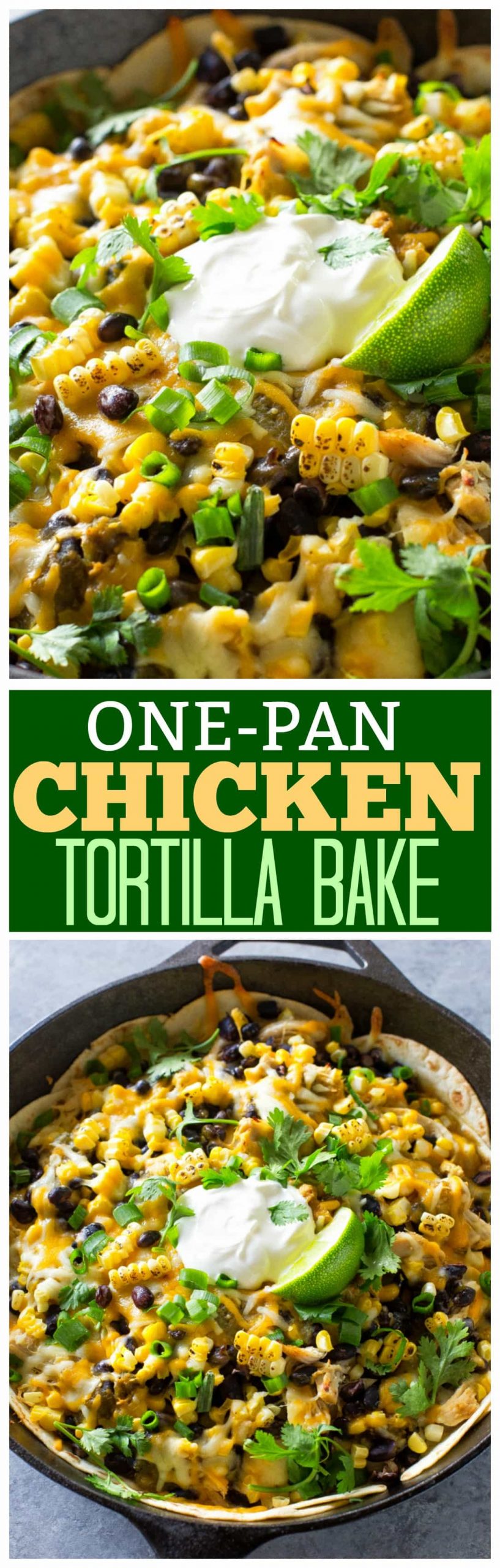 This One-Pan Chicken Tortilla Bake is a spicy Mexican dinner with only 7 ingredients. Layers of tortilla, chicken, black beans, and corn with lots of cheese in between.  #onepan #mexican #chicken #dinner #easy