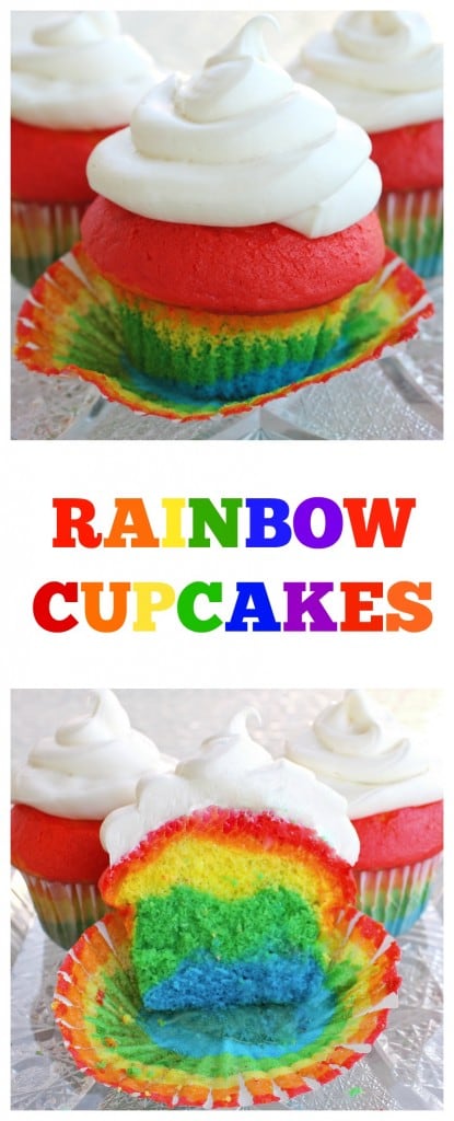 Easy Rainbow Cupcakes with a magical rainbow inside. #rainbow #cupcakes #dessert #recipe #stpatricksday