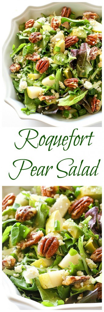 Roquefort Pear Salad - one of my favorite salads topped with candied pecans! #pear #salad #healthy #recipe
