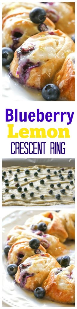 This Blueberry Lemon Crescent Ring is perfect for breakfast or brunch. The center has a lemon, blueberry, and cream cheese filling and the top is drizzled with a light glaze. #breakfast #blueberry #lemon #recipe