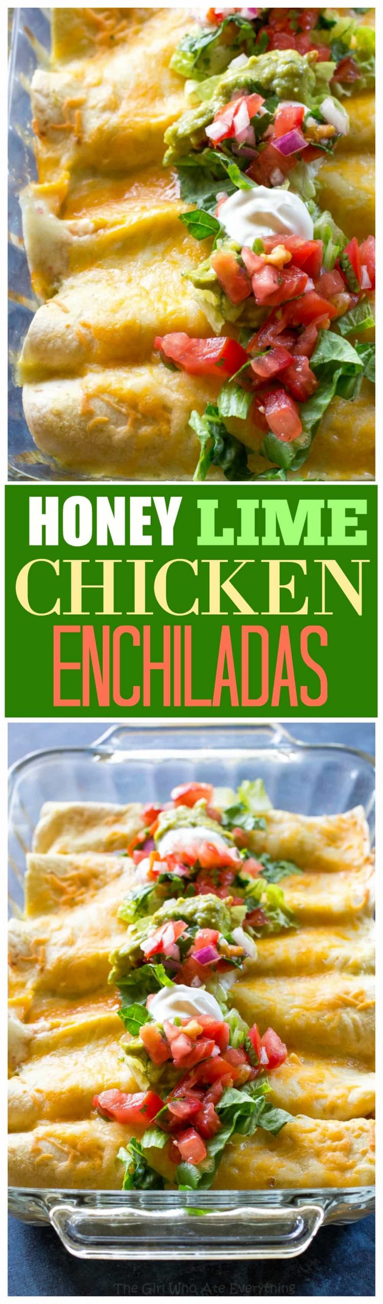Honey Lime Chicken Enchiladas - my go-to easy Mexican dinner for company that is freezer friendly. #mexican #dinner #recipe #honey #lime #enchiladas #freezerfriendly