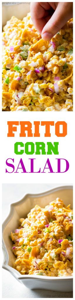 Frito Corn Salad - this is your game day recipe. Corn, Fritos, peppers, and onion. So good! #sidedish #corn #salad #BBQ #potluck