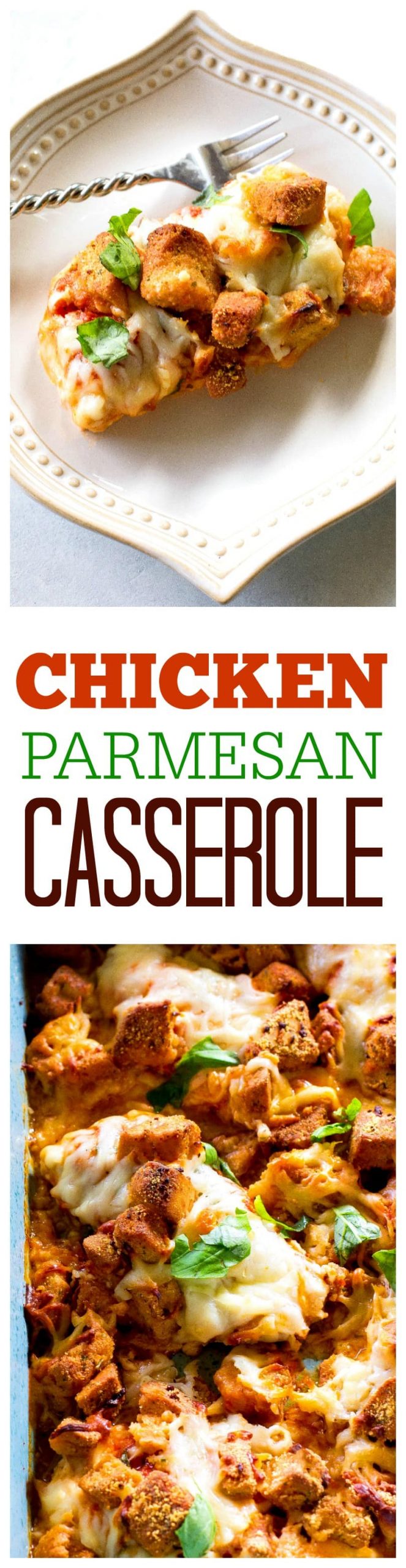 Chicken Parmesan Casserole - no frying this cheesy Parmesan chicken topped with crunchy garlic croutons. #chicken #parmesan #casserole #recipe #italian