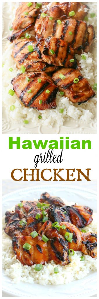 Hawaiian Grilled Chicken marinated in coconut milk, soy sauce, and green onions served over coconut rice. #hawaiian #grilled #chicken #dinner #recipe