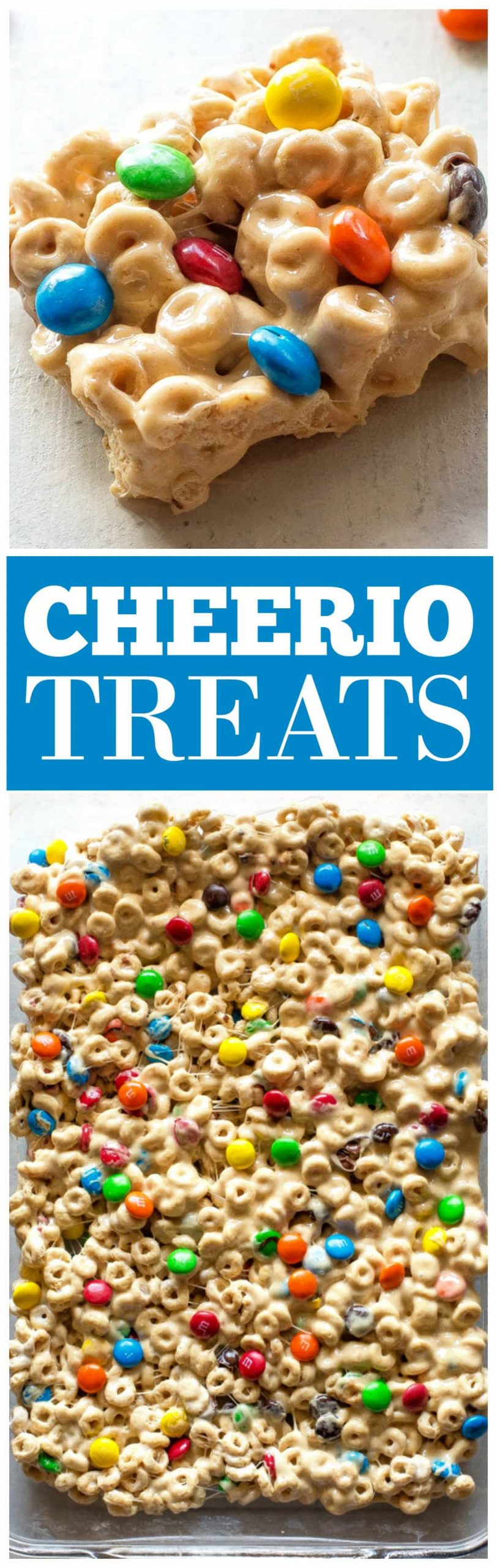 Cheerio Treats - an easy no-bake recipe with cheerios, marshmallows, peanut butter, and M&Ms. the-girl-who-ate-everything.com