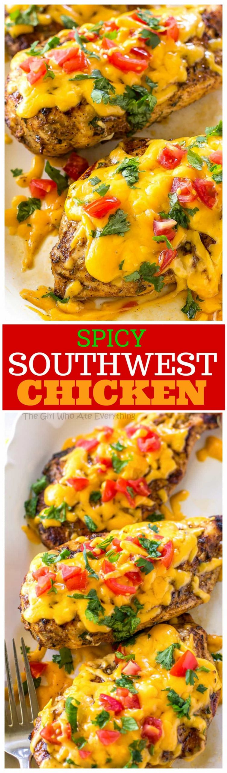 Spicy Southwest Chicken - marinated in spicy seasonings, grilled, and topped with cheese and tomatoes. #mexican #chicken #dinner #easy