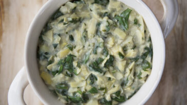 Flat lay of vegan spinach artichoke dip in bowl