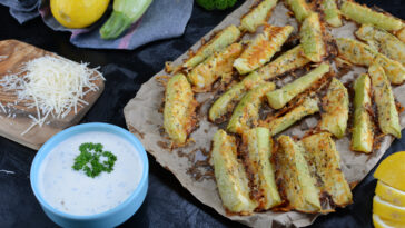 Keto Diet Zucchini Fries on background, close up