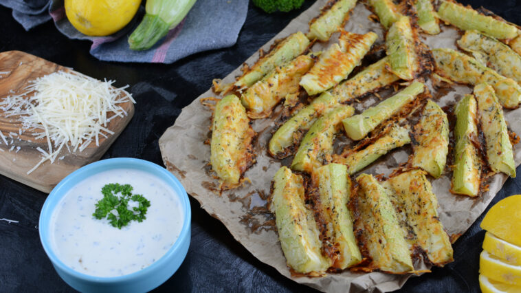 Keto Diet Zucchini Fries on background, close up