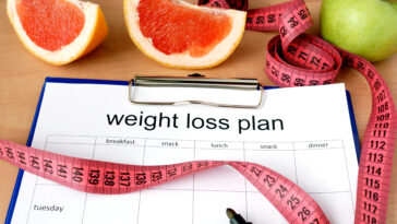 Paper with weight loss plan and grapefruit