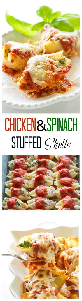 Chicken and Spinach Stuffed Shells - great flavor and makes a ton! I always make this for company. #chicken #spinach #shells #casserole #pasta #italian #recipe