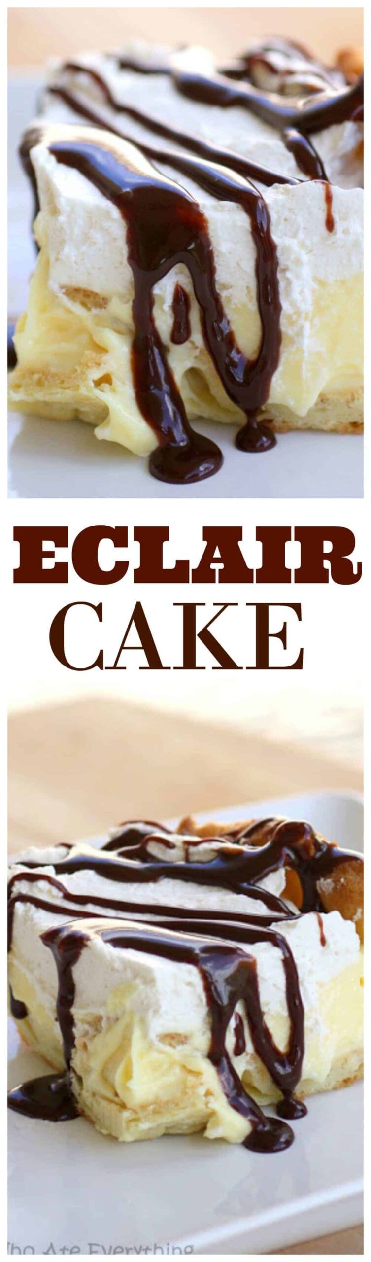This Eclair Cake has a cream puff crust, vanilla cream cheese layer, whipped cream, and a chocolate drizzle. It's all the flavors of an eclair in cake form. #chocolate #eclair #cake #recipe #dessert