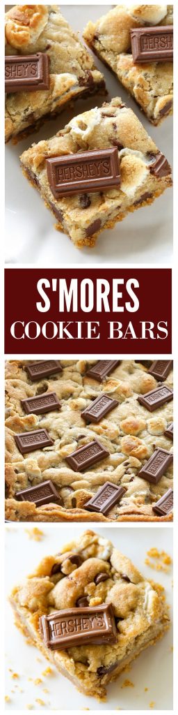 S'mores Cookie Bars - chocolate chip marshmallow cookie dough with a graham cracker crust. Seriously delicious. #smores #cookie #bars #recipe #dessert