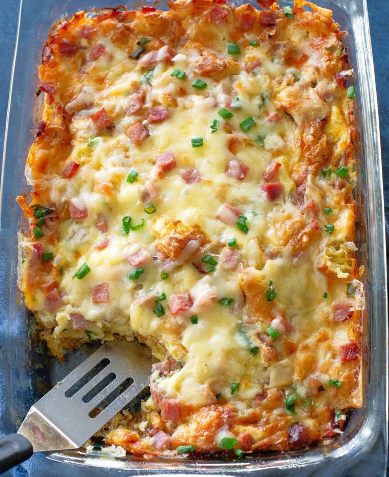 ham swiss croissant bake .jpg - Ham and Swiss Croissant Casserole