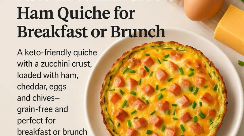 – Title: Keto Zucchini-Crust Ham Quiche for Breakfast or Brunch
– Concept: A keto-friendly quiche with a zucchini crust, loaded with ham, cheddar, eggs, and chives-grain-free and perfect for breakfast or brunch